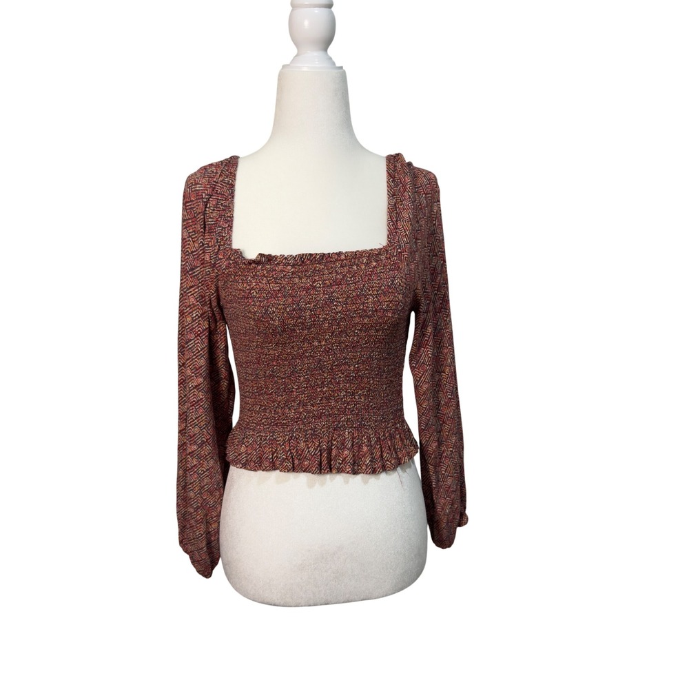 Angie Womens Smocked Crop Top Geometric Print Square Neck Long Sleeve‎ Small